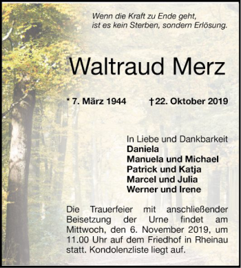 Traueranzeige von Waltraud Merz von Mannheimer Morgen