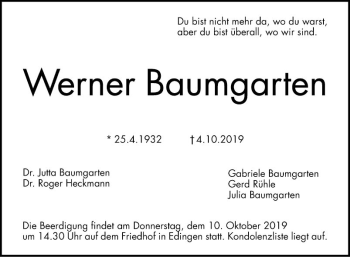 Traueranzeige von Werner Baumgarten von Mannheimer Morgen