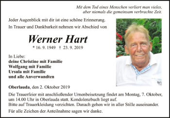 Traueranzeige von Werner Hart von Fränkische Nachrichten