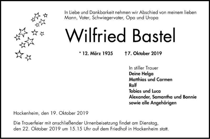  Traueranzeige für Wilfried Bastel vom 19.10.2019 aus Schwetzinger Zeitung