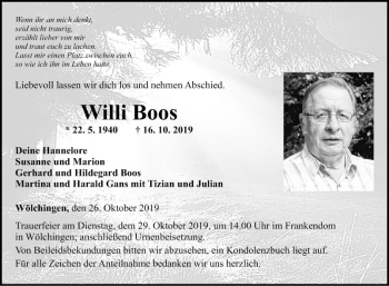 Traueranzeige von Willi Boos von Fränkische Nachrichten