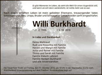 Traueranzeige von Willi Burkhardt von Fränkische Nachrichten