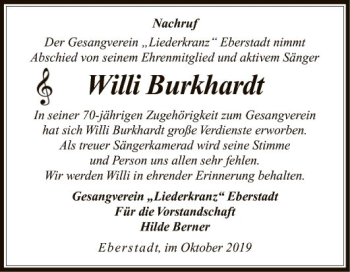 Traueranzeige von Willi Burkhardt von Fränkische Nachrichten