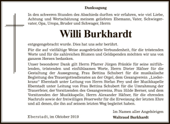 Traueranzeige von Willi Burkhardt von Fränkische Nachrichten