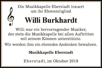 Traueranzeige von Willi Burkhardt von Fränkische Nachrichten