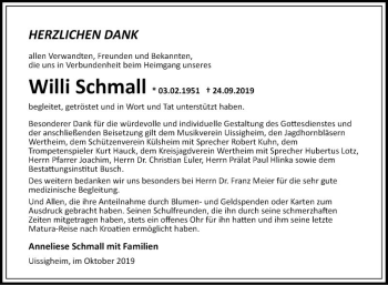 Traueranzeige von Willi Schmall von Fränkische Nachrichten