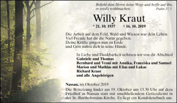 Traueranzeige von Willy Kraut von Fränkische Nachrichten