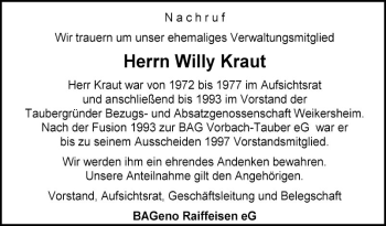 Traueranzeige von Willy Kraut von Fränkische Nachrichten