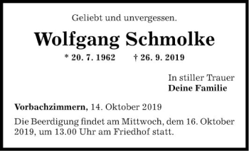 Traueranzeige von Wolfgang Schmolke von Fränkische Nachrichten