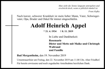 Traueranzeige von Adolf Heinrich Appel von Fränkische Nachrichten