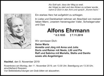 Traueranzeige von Alfons Ehrmann von Fränkische Nachrichten