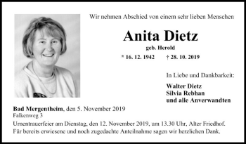 Traueranzeige von Anita Dietz von Fränkische Nachrichten