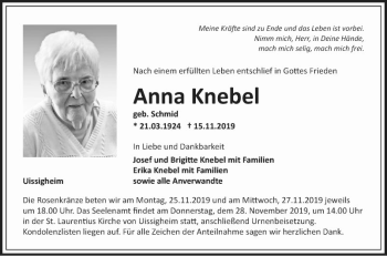 Traueranzeige von Anna Knebel von Fränkische Nachrichten