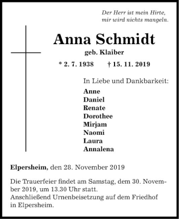 Traueranzeige von Anna Schmidt von Fränkische Nachrichten