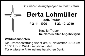 Traueranzeige von Berta Lohmüller von Fränkische Nachrichten