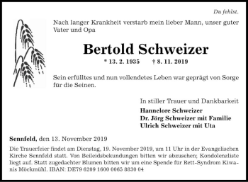 Traueranzeige von Bertold Schweizer von Fränkische Nachrichten