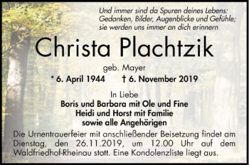 Traueranzeige von Christa Plachtzik von Mannheimer Morgen