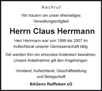 Traueranzeige von Claus Herrmann von Fränkische Nachrichten