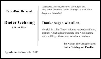 Traueranzeige von Dieter Gehring von Fränkische Nachrichten