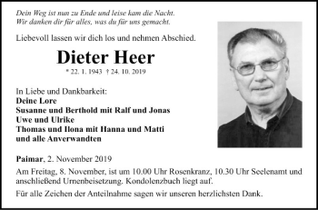 Traueranzeige von Dieter Heer von Fränkische Nachrichten