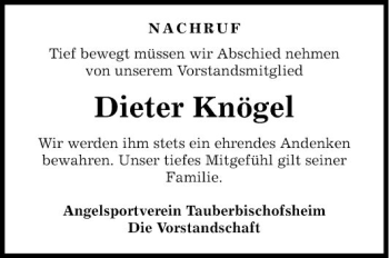 Traueranzeige von Dieter Knögel von Fränkische Nachrichten