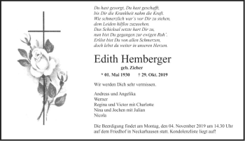 Traueranzeige von Edith Hemberger von Mannheimer Morgen