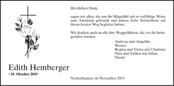 Traueranzeige von Edith Hemberger von Mannheimer Morgen