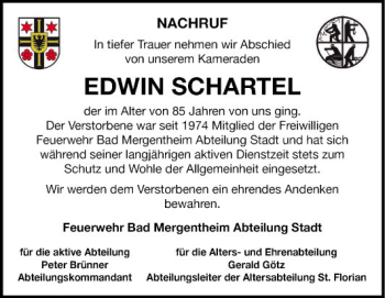 Traueranzeige von Edwin Schartel von Fränkische Nachrichten