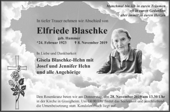 Traueranzeige von Elfriede Blaschke von Fränkische Nachrichten