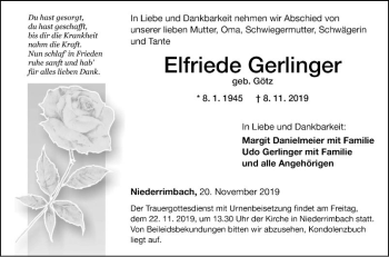 Traueranzeige von Elfriede Gerlinger von Fränkische Nachrichten