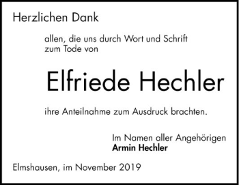 Traueranzeige von Elfriede Hechler von Bergsträßer Anzeiger