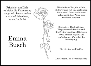 Traueranzeige von Emma Busch von Fränkische Nachrichten