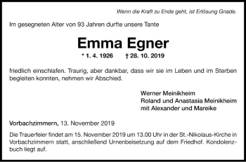 Traueranzeige von Emma Egner von Fränkische Nachrichten