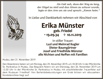 Traueranzeige von Erika Münster von Fränkische Nachrichten