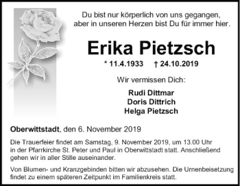 Traueranzeige von Erika Pietzsch von Fränkische Nachrichten