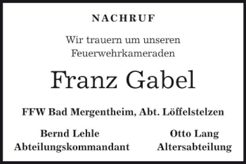 Traueranzeige von Franz Gabel von Fränkische Nachrichten