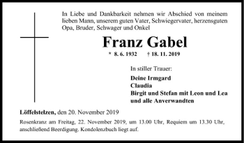 Traueranzeige von Franz Gabel von Fränkische Nachrichten