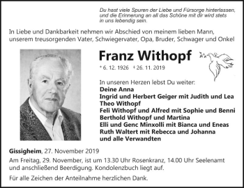 Traueranzeige von Franz Withopf von Fränkische Nachrichten