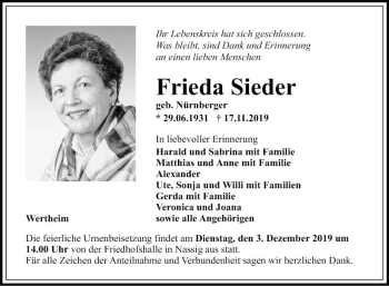 Traueranzeige von Frieda Sieder von Fränkische Nachrichten