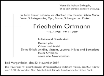 Traueranzeige von Friedhelm Ortmann von Fränkische Nachrichten