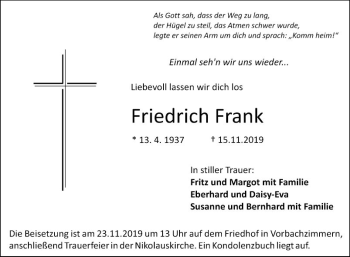 Traueranzeige von Friedrich Frank von Fränkische Nachrichten