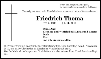 Traueranzeige von Friedrich Thoma von Fränkische Nachrichten