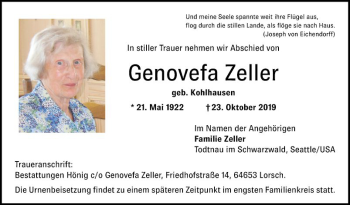 Traueranzeige von Genovefa Zeller von Bergsträßer Anzeiger