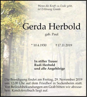 Traueranzeige von Gerda Herbold von Mannheimer Morgen