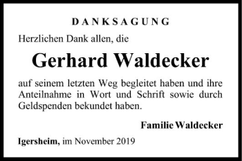 Traueranzeige von Gerhard Waldecker von Fränkische Nachrichten