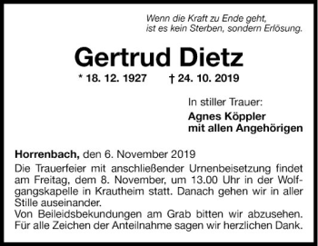 Traueranzeige von Gertrud Dietz von Fränkische Nachrichten