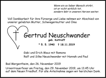 Traueranzeige von Gertrud Neuschwander von Fränkische Nachrichten