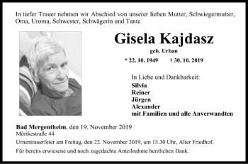 Traueranzeige von Gisela Kajdasz von Fränkische Nachrichten