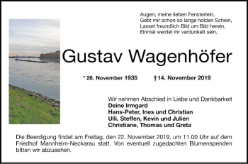 Traueranzeige von Gustav Wagenhöfer von Mannheimer Morgen