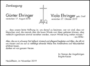 Traueranzeige von Günter Ehringer von Schwetzinger Zeitung